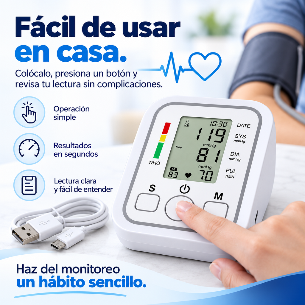 Baumanómetro Digital de Brazo Monitor de Presión Arterial y Pulso con Asistente de Voz