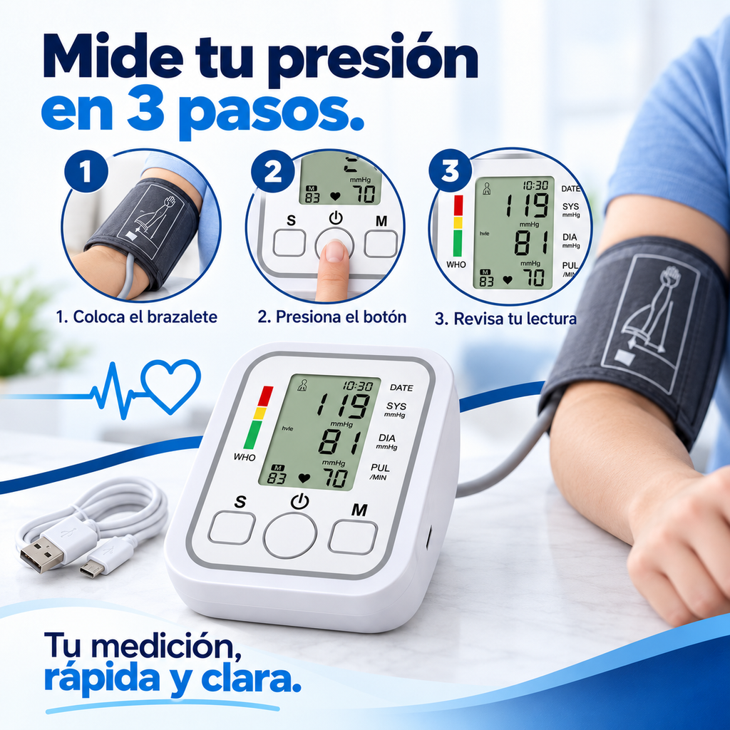 Baumanómetro Digital de Brazo Monitor de Presión Arterial y Pulso con Asistente de Voz