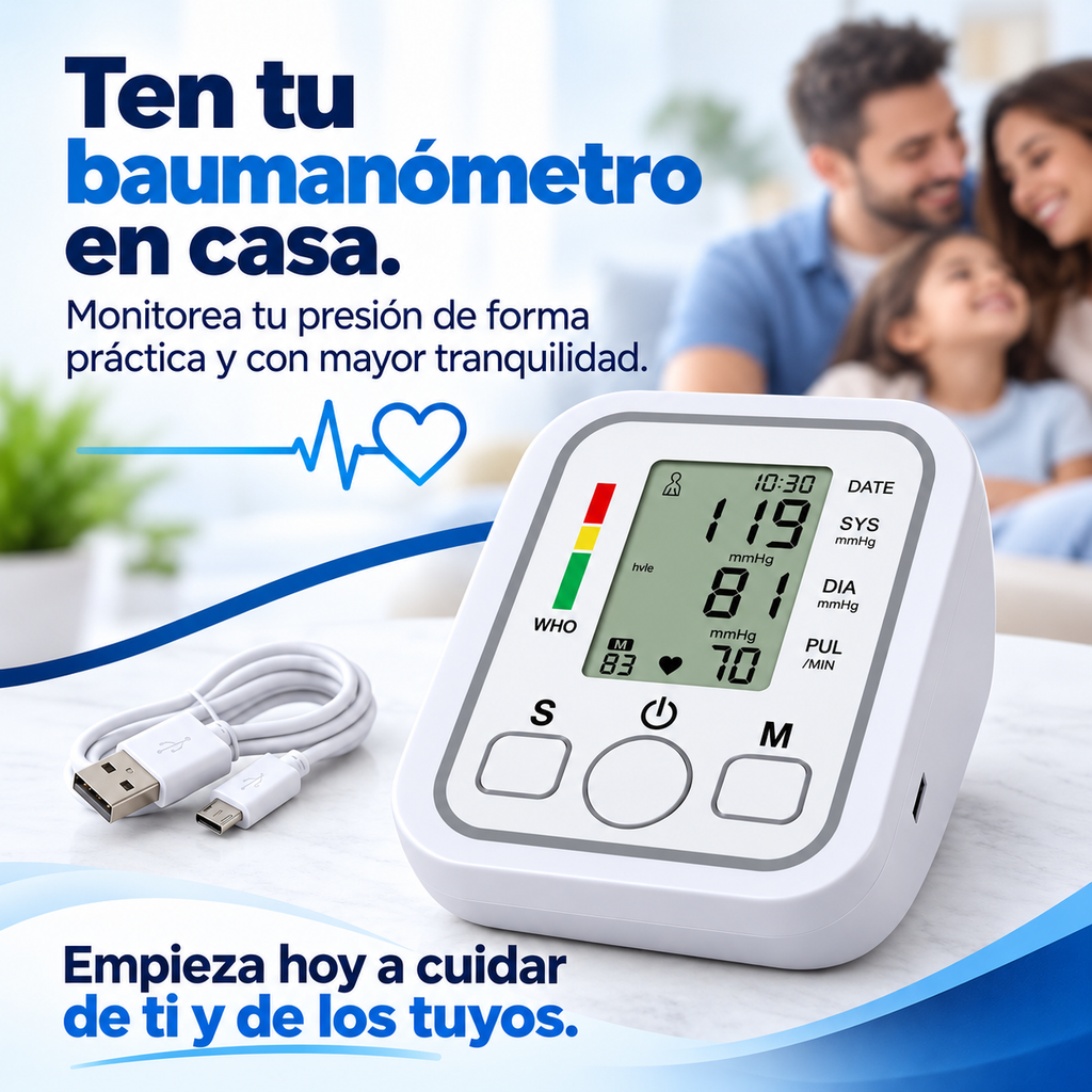 Baumanómetro Digital de Brazo Monitor de Presión Arterial y Pulso con Asistente de Voz
