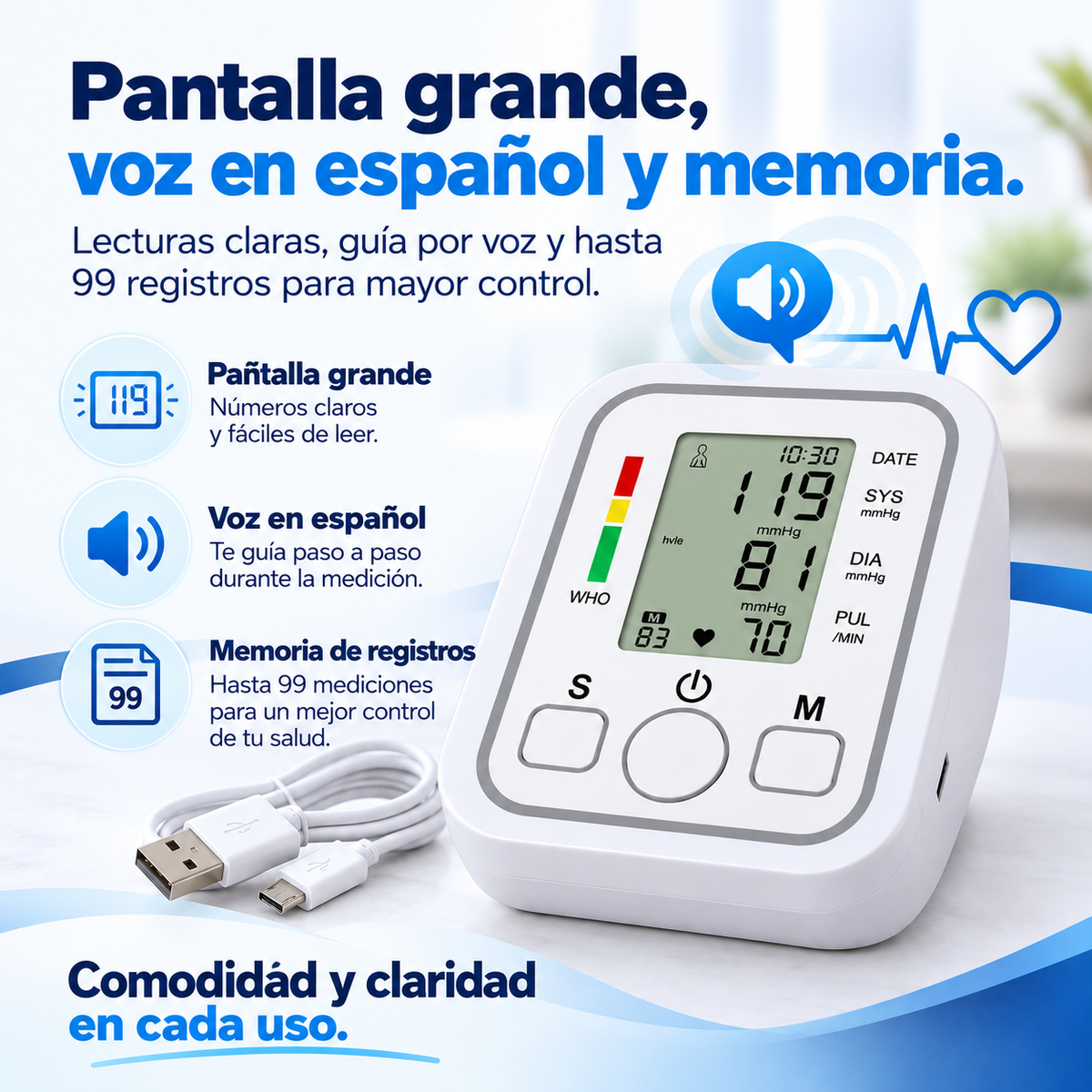 Baumanómetro Digital de Brazo Monitor de Presión Arterial y Pulso con Asistente de Voz